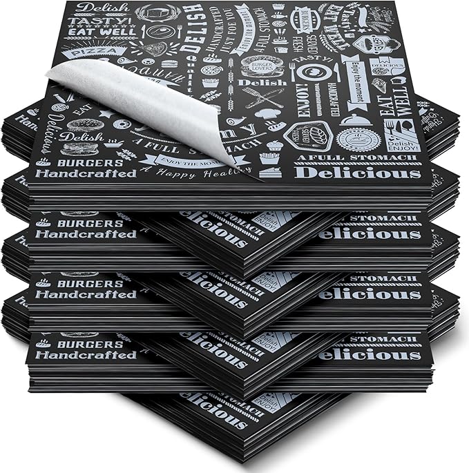 Marspark 400 Pcs Deli Wax Paper Sheets 12 x 12 Inches Square Grease Resistant Tray Basket Liners Hot Dog Wrappers Newsprint Water and Grease Proof Sandwich Wrapping Paper for Food Baking (Black White)