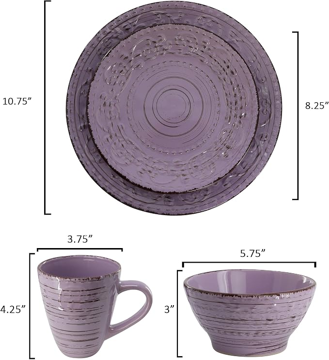 Elama Malibu Mica 16-Piece Stoneware Embossed Pattern Reactive Glaze Purple Dinnerware Set, Tableware, Serveware Set (Mica Purple)