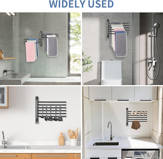 Swivel Towel Rack, 12.6 Inch Towel Bar with Wall Mounted 180° Rotation, 6 Arms Towel Hanger SUS 304 Stainless Steel, Space Saving for Kitchen, Bathroom, Outdoor, Dark Grey