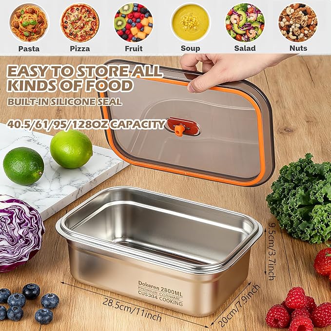 4 Pack Large Stainless Steel Food Storage Containers with Leak-proof Lids 316 Metal Meal Prep Container Lunch Box Freezer Safe Microwave Safe for Meal Prep Bento (41oz, 61oz, 95oz, 128oz)