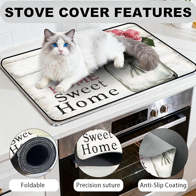 Stove Top Cover for Electric Stove, Vintage Farmhouse Style Glass Cooktop Protector, Multi-functional Kitchen Counter & Washer Top Cover