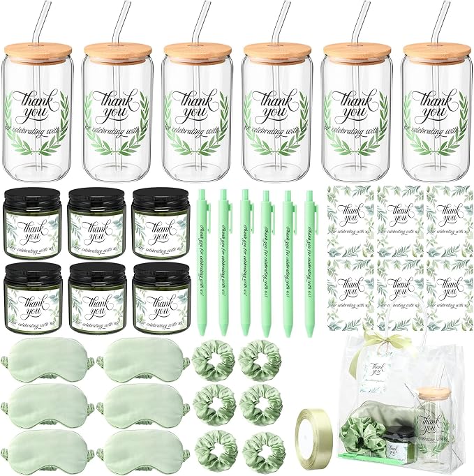 Reallnaive 43 Pcs Baby Shower Prizes for Player Winner Wedding Bridal Shower Favor Gifts Including Glass Cups Aromatherapy Candle Eye Mask Hair Band Greeting Card Pen Ribbon Gift Bag(Sage Style,Green)