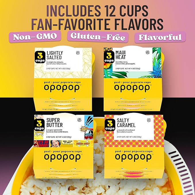 Opopop Microwave Popcorn - Variety 12-Pack Gourmet Popcorn Kit, Collapsible Silicone Popcorn Popper, Popcorn Maker, Gluten Free Snacks Variety Pack, BPA-Free and Dishwasher Safe (New Flavors)