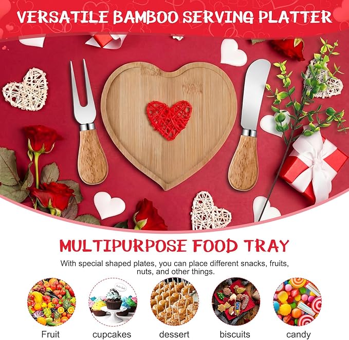 LemonRoad 6 Set Heart Board Gifts for Mother Bamboo Heart Charcuterie Board with Utensils Kitchen Towels Thank You Tags for Mother's Day Bridal Baby Shower Birthday Holiday Housewarming Party Favors