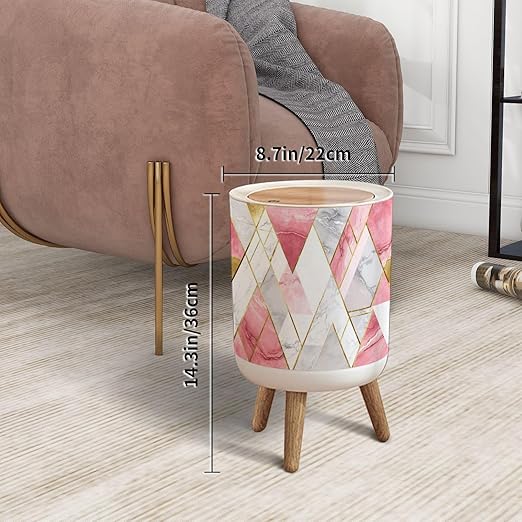 Trash Can with Lid seamless geometric lines rose gold gray pink marble triangles Modern Press Top Round Small Garbage Bin with Wooden Legs Waste Basket for Kitchen Bedroom Nursery 7L/1.8 Gallon