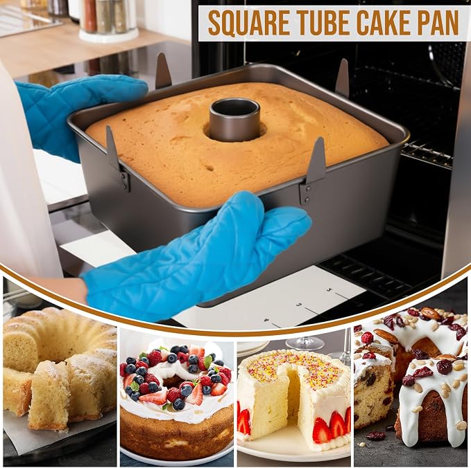 Vesici 10 Inch Square Tube Cake Pan with Cooling Feet Angel Food Cake Pan with Removable Bottom Non-stick Aluminum Alloy Pans for Baking Pound, Chiffon Cakes(Black)