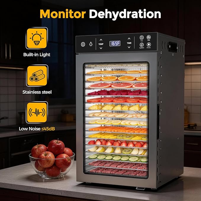 Suteck Food Dehydrator with 16 Stainless Steel Trays, 800W Dehydrator Machine with Dual Fans & 360° Airflow, Digital Temp & Time Control with 4 Presets, Quiet Food Dryer for Jerky, Fruit, Flower, Meat