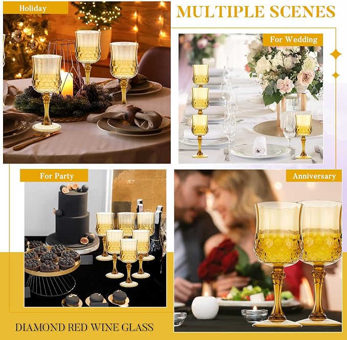 Pinkunn 6 Pcs 7 oz Plastic Vintage Wine Glasses Reusable Colored Goblets Patterned Drinking Water Glasses Cup Dishwasher Safe for Mother's Day Wedding Reception Party Supplies (Gold)