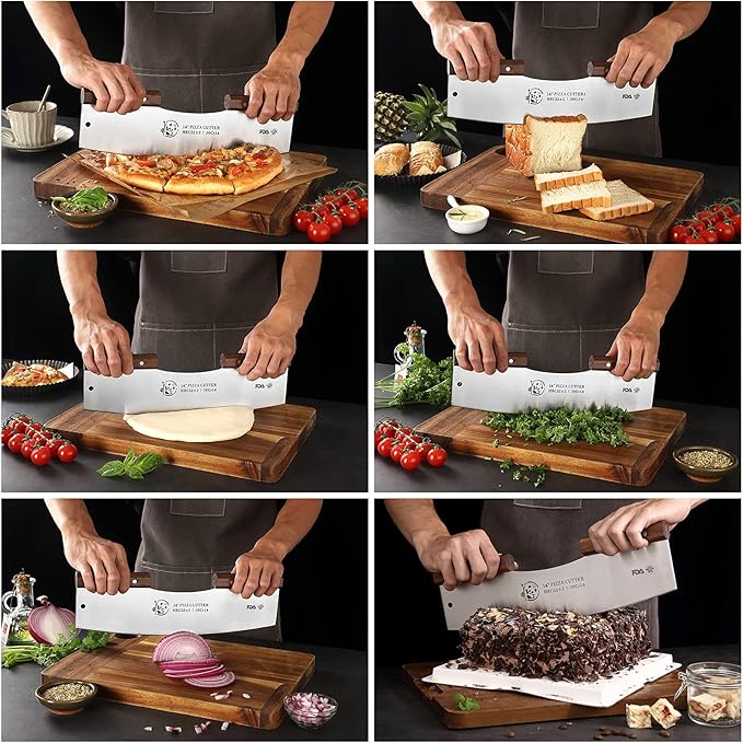 AILUROPODA Pizza Cutter Rocker with Protective Cover with Walnut Handles with LFGB Certification 14" Large Pizza Rocker Cutter Sharp Silver