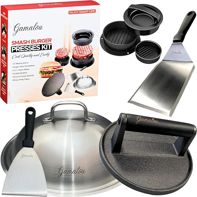 Gamalou® Smash Burger Press Kit: 7" Cast Iron Grill Press, 12" Melting Dome, 3-in-1 Patty Maker, 4.3" Spatula & 4" Scraper, Griddle Accessories for Blackstone, Grills, Flat Top, BBQ, Fry Pan