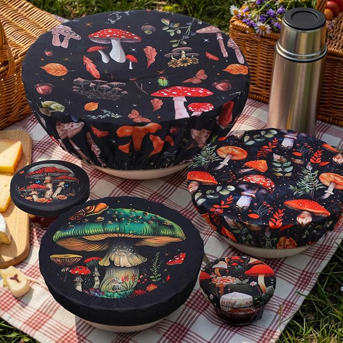 Patelai 10 Pcs Bowl Covers Reusable in 5 Size Stretch Cloth Fabric Elastic Food Storage Bowl Covers Bread Sourdough Lids for Proofing Food Fruits Leftover(Deep Color,Mushroom Style)