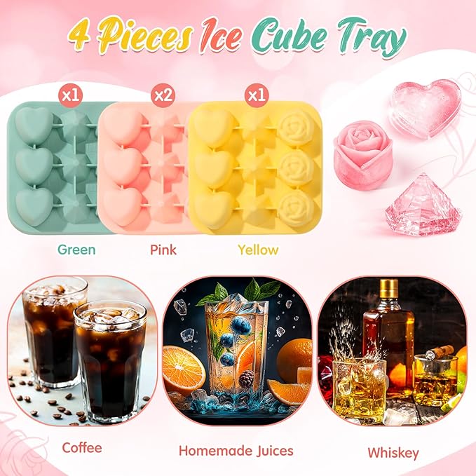 Censen 4 Pcs Silicone Rose Heart Diamond Ice Cube Mold 3D Mold with Covers 9 Cavity Easy Release Cube Tray Easy Release Form for Whiskey Bourbon Cocktails Wine Coffee Juices and More