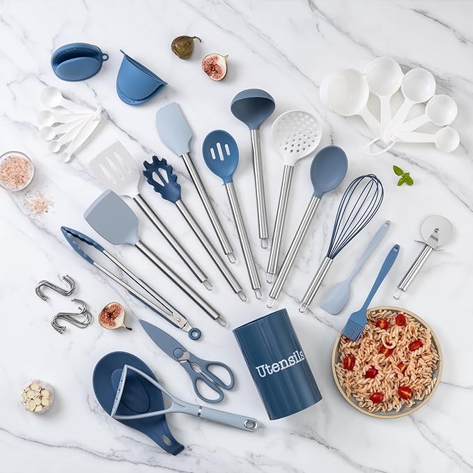 COOK WITH COLOR Silicone Cooking Utensils, Kitchen Utensil Set, Easy to Clean Silicone Kitchen Utensils, Cooking Utensils for Nonstick Cookware, Kitchen Gadgets Set, 38 Piece, Blue and White