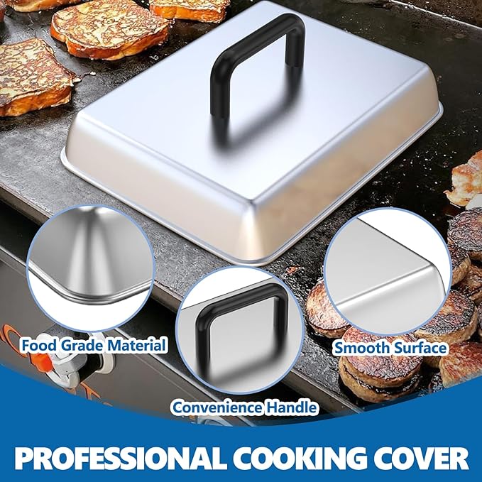 SafBbcue 14" Stainless Steel Rectangle Cheese Melting Domer Basting Cover & Cast Iron Rectangle Griddle Smash Burger Grill Weight Press for Blackstone, Pitboss, Camp Chef Flat Top Grills Accessories