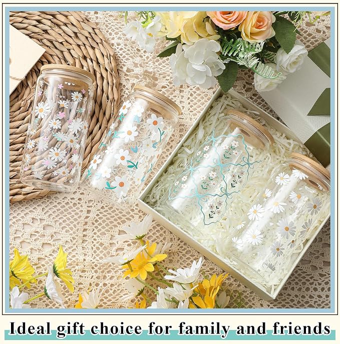 Mumufy 4 Pack Wildflower Glass Cups Gift Aesthetic Cute Glass Cup Tumbler Flower Iced Coffee Mugs 16 oz with Bamboo Lid & Straw, for Wedding Birthday Bridesmaid Mom Baby Shower