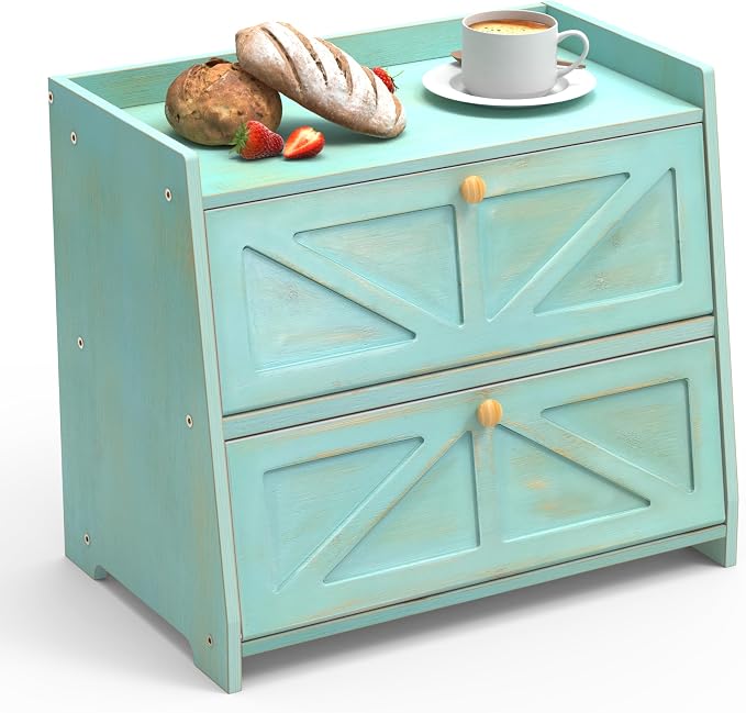 Trironsun Vintage Double Layer Bread Box for Kitchen Counter Bamboo Bread Storage Container Large Capacity Bread Storage Bin (Antique Blue)