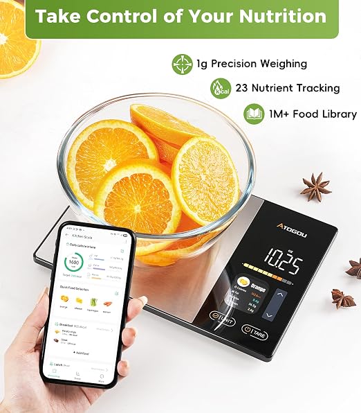 Atogou Smart Food Kitchen Scale with Nutrition Calculator, Color Display & Free App, Precise Portion Control, Calorie & Macro Tracking for Weight Loss & Meal Prep Black