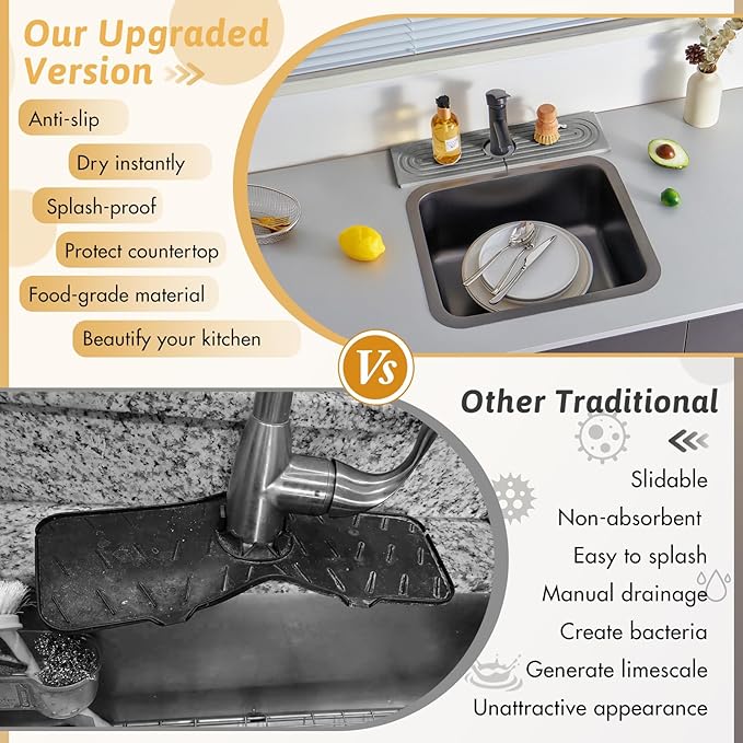 Diatomite Sink Protector for Kitchen, 16" Durable Faucet Mat Splash Guard, Super Absorbent Soap Drying Ttray Sponge Holder for Kitchen Bathroom Sink Accessories Gadgets, Gift for Sister, Light Gray