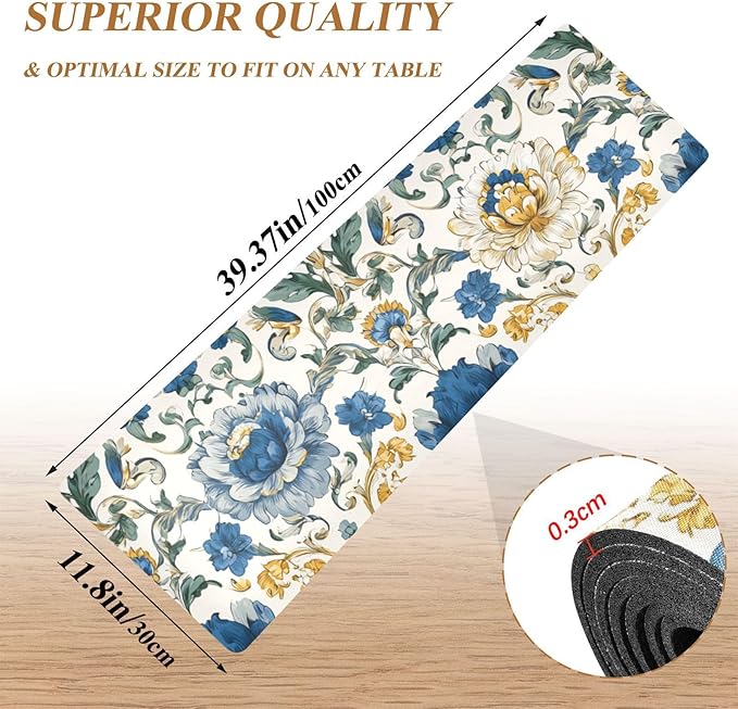 2 in 1 Table Runner Trivet for Hot Pots and Pans Heat Resistant Non Slip Waterproof 39 x 12 Inch Decorative Table Protector for Kitchen Countertop Royal Floral Blue and Yellow Tile