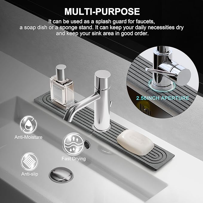 Faucet Mat for Kitchen Sink, Diatomite Fast Drying Stone Sink Tray, Super Absorbent, Prevents Moisture Buildup - Faucet Splash Guard for Bathroom Counter, Kitchen [Dark Grey, 23.6" x 3.9"]