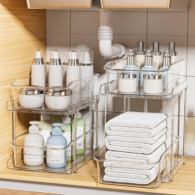 Delamu 2-Tier Clear Stackable Under Sink Organizers 2 Sets & Set of 4 Acrylic Shelf Riser, Cabinet Organizer Shelf for Kitchen