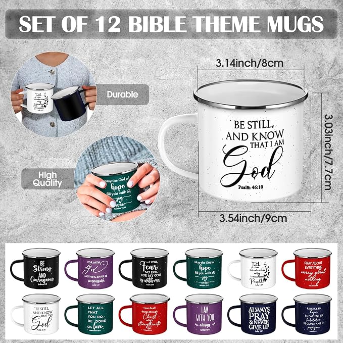 Mifoci Christian Enamel Mugs Gifts Inspirational Coffee Mugs with Handle Bible Verse Religious Camping Cups Church Party Favors for Church Clergy Pastor Men(Colorful,12 Pcs)