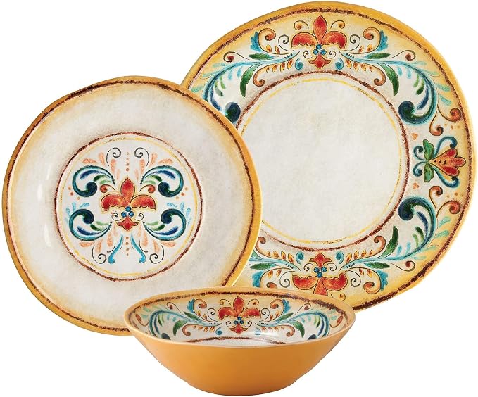 UP 12 Piece Tuscany Melamine Dinnerware Sets, Outdoor Dishes Set, Plates and Bowls Sets, Service for 4, Multicolor