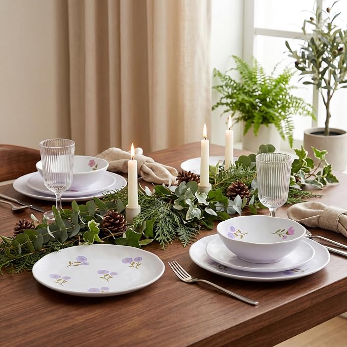 12Pcs Floral Melamine Plates and Bowls, Outdoor Camping Dinnerware | Service for 4, Round Dishes For Picnic, Party, RV, Unbreakable & Shatterproof & Lightweight, Dishwasher Safe