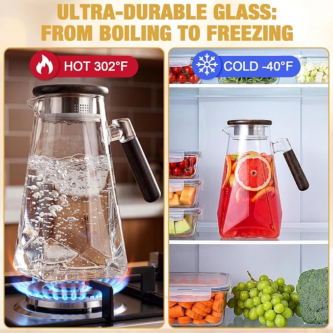 60 oz 1.8l Glass Pitcher with Lid, Borosilicate Glass Carafe with Solid Walnut Handle, Spout, Heat-resistant Beverage Jug for Iced Tea, Lemonade, Cold Brew, Fridge Safe(Clear)