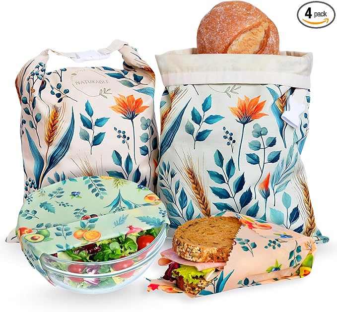 Beeswax Bread Bag for Homemade Bread & Beeswax Wrap Set, 2 XL Sourdough Bread Bags + 2 Beeswax Wraps for Food | Keep Bread Fresh, Breathable, Reusable & Less Waste Storage for Home Bakers | Beeswax Bread Bag
