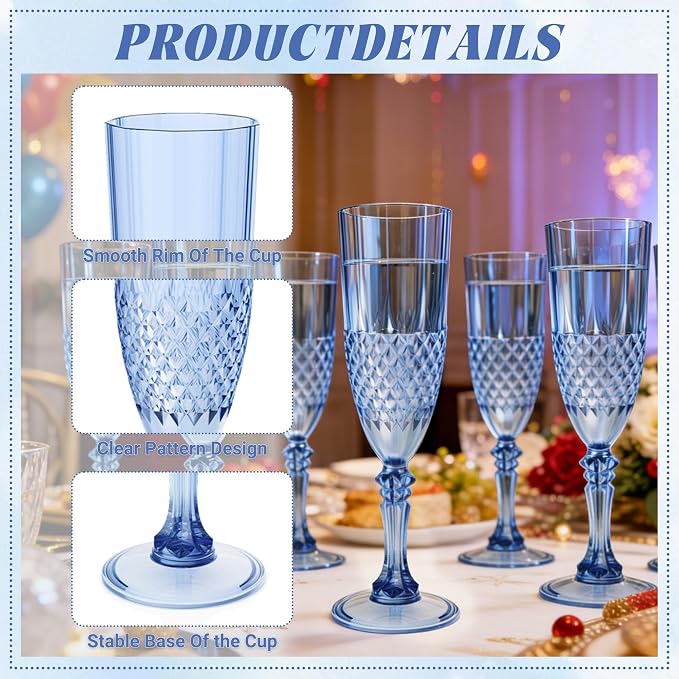 Plastic Champagne Flutes, Champagne Glasses Bulk, Reusable Unbreakable Acrylic Wine Glasses Goblets for Weddings Bachelor Parties Toasting Bridal Shower (24, Blue)