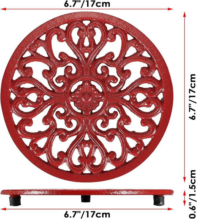 Sumnacon Cast Iron Trivet 2 Pcs 6.7 Inch Iron Trivet for Hot Dish Pot Pan Plate Teapot,Heat Resistant Cast Iron Trivets with Rubber Feets for Kitchen Dining Table Cooktop Stove,Retro Red