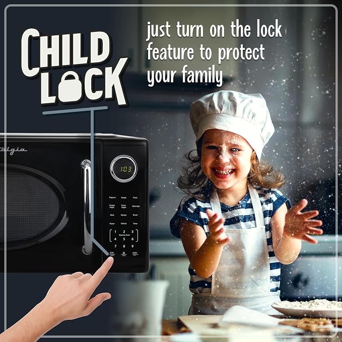 Nostalgia Retro 1000W Microwave Oven 1.1 Cu Ft Capacity – Child Safety Lock, 8 Auto-Cook Settings – Countertop Kitchen Appliance – Black