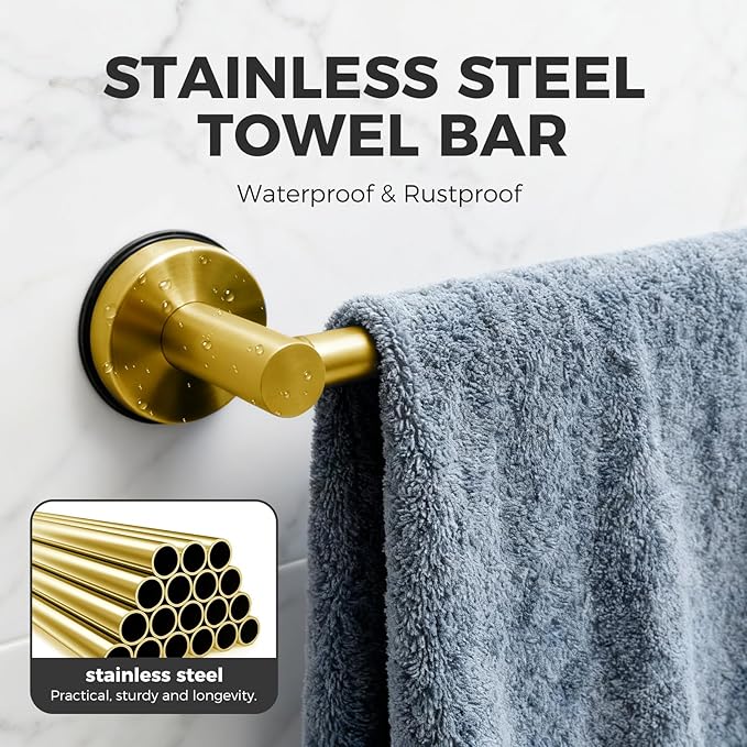Adjustable Suction Cup Towel Bar for Bathroom Wall,14.6Inch~24 Inch Towel Racks for Bathroom,Stainless Steel Bath Towel Holder for Shower(Brushed Gold)
