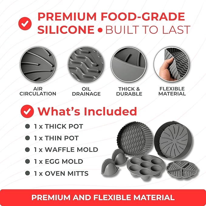 EM Set of 5 Silicone Air Fryer Liners with Egg Bite Mold, Waffle Mold & Mitts - 7.5” Round Reusable Silicone Inserts for 3-5 Qt Airfryers - Easy to Clean & Heat-Resistant Air Fryer Accessories Set