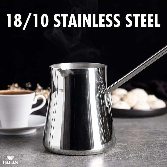 Hakan Turkish Coffee Pot, Greek Arabic Coffee Cezve, Stainless Steel Stove Top Milk Warmer, Chocolate Melting Pot with Spout, Chai Pot, Ibrik, Briki | Large - 20.2 oz. (600 cc)
