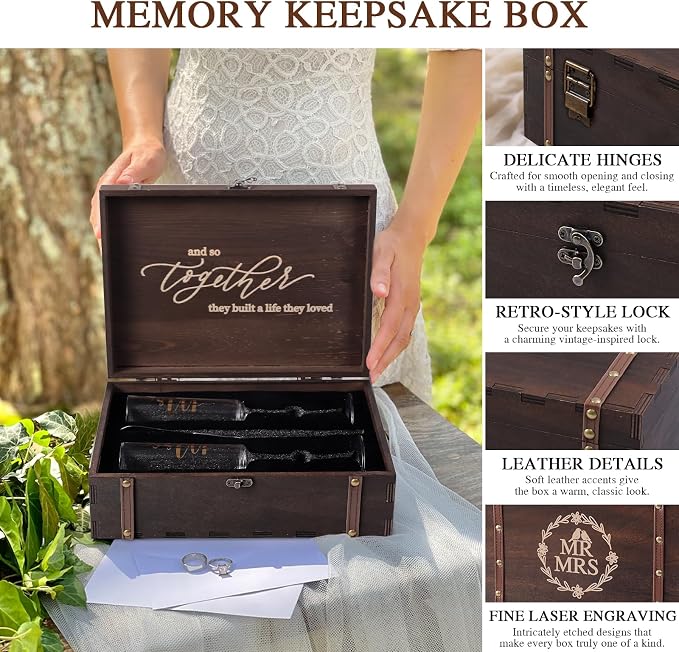 Physkoa Engagement Gifts for Couples-Mr and Mrs Champagne Glasses with Keepsake Box,Cake Knife and Server-Perfect Wedding, Engagement, or Bridal Shower Gift for Couples