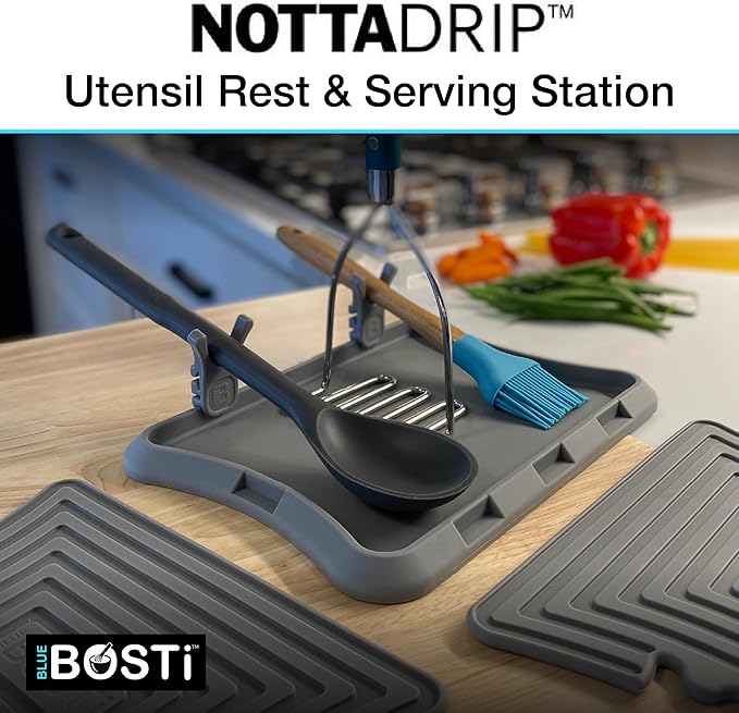 Nottadrip Silicone Spoon Rest for Stove Top - Kitchen Spoon Rest for Countertop, Ladle Holder, All in 1 Serving Station, Elevate Handles, Drip to Tray, Mess Free - 5PC Trivet Set - Gray