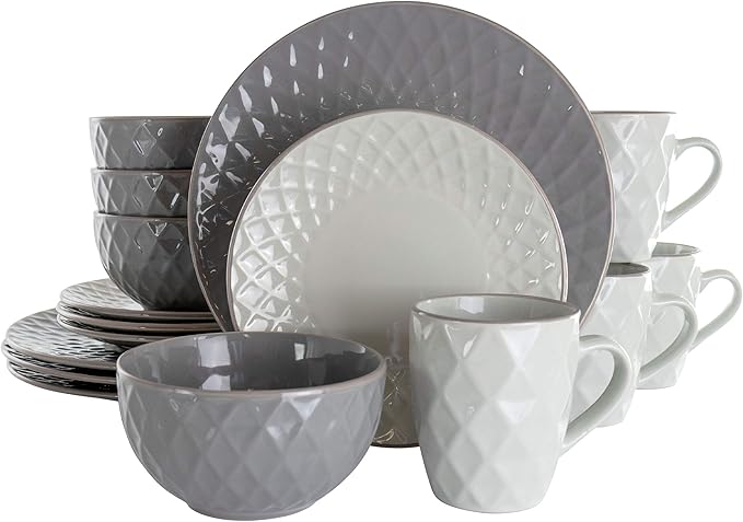 Elama Round Stoneware Collection Dinnerware Dish Set, 16 Piece, Slate and Pearl