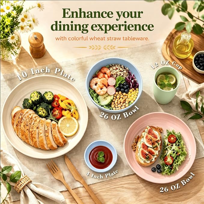 Wrova 40-Piece Wheat Straw Dinnerware Sets for 8, Unbreakable Kitchen Plates and Bowls Set with Cups Set, Soy Sauce Dish for BBQ, Microwave and Dishwasher Safe Dishware Sets for Kitchen- Nordic