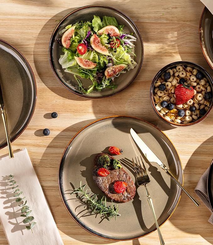 TheTerra Ceramic Dinnerware Sets for 4, 12 Pieces Handmade Reactive Glaze Plates and Bowls Set, Scratch Resistant Dish Set, Oven & Microwave & Dishwasher Safe