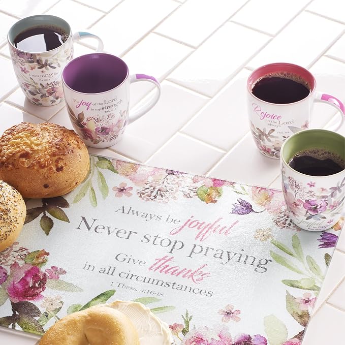 Christian Art Gifts Ceramic Coffee or Tea Mug Set for Women, Rejoice Watercolor Flowers Design Bible Verse Mug Set, Boxed Set of 4 Coffee Cups