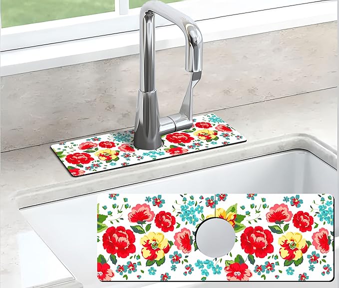 Kitchen Sink Splash Guard Faucet Mat Super Absorbent Fast Drying Mat Sink Gadgets Splash Guard Behind Faucet Drip Catcher for Kitchen (Beautiful Flower, 15x5.5in)