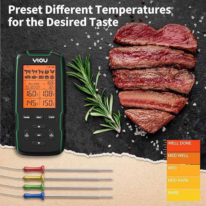 YIOU Wireless Meat Thermometer for Cooking, Digital Meat Thermometer with 4 Probes, 500FT Ultra Accurate & Fast Food Thermometer for Oven, Smoker, Green