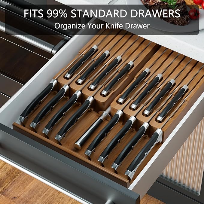 Domax Bamboo In-drawer Knife Block - Knife Drawer Organizer Insert Large Handle Steak Knife Holder, Kitchen Drawer Knife Organizer Fits for 16 knives and 1 Sharpening Steel (Not Included), Walnut