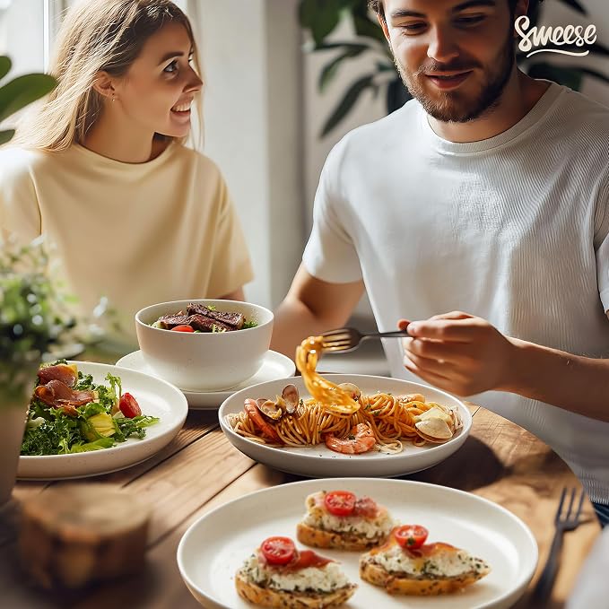 Sweese Dinnerware Sets Service for 4, 12 pcs Matte Speckled Glaze Plates and Bowls Sets, Handmade Ceramic Dish Set, Highly Chip and Crack Resistant Modern Plate Set, White