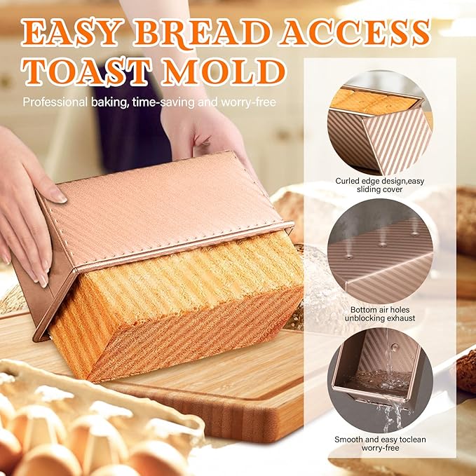 Bread Pan with Lids, 1Lb Dough Capacity, Non-Stick Carbon Steel Pullman Loaf Pan for Baking, Professional Toast Box Mold- Gold
