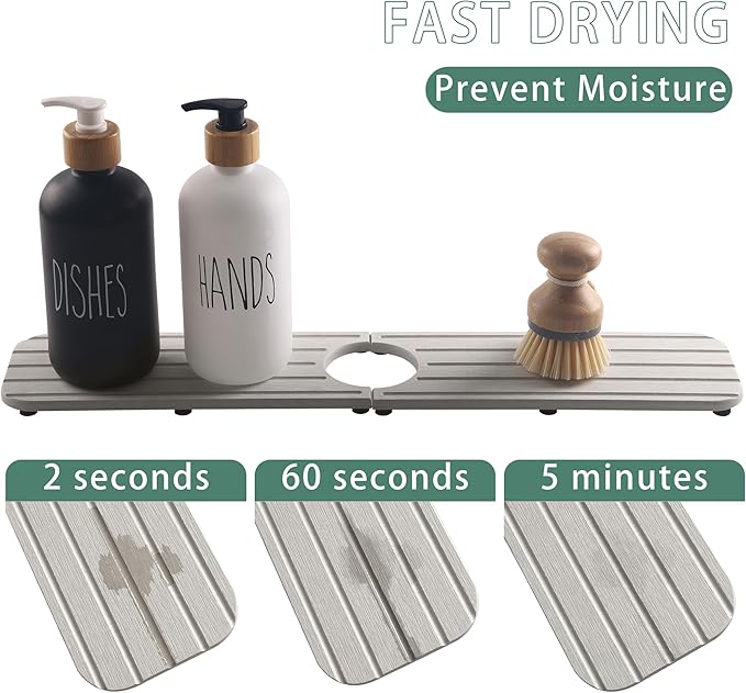 NiuYichee 20inch x 4inch Kitchen Sink Faucet Mat, Water Absorbing Stone Faucet Splash Guard for Bathroom Counter, Quick Drying Diatomite Tray for Kitchen Sink, Light Gray
