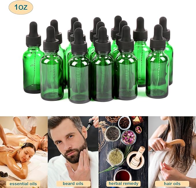NOOEEISS 24 Pack,1oz Glass Dropper Bottle,Green Tincture Bottles with Dropper,Pretty Finish for All Kinds of Liquids,Oil Bottles for Hair- Stronger Suction ideal for Leakproof Travel