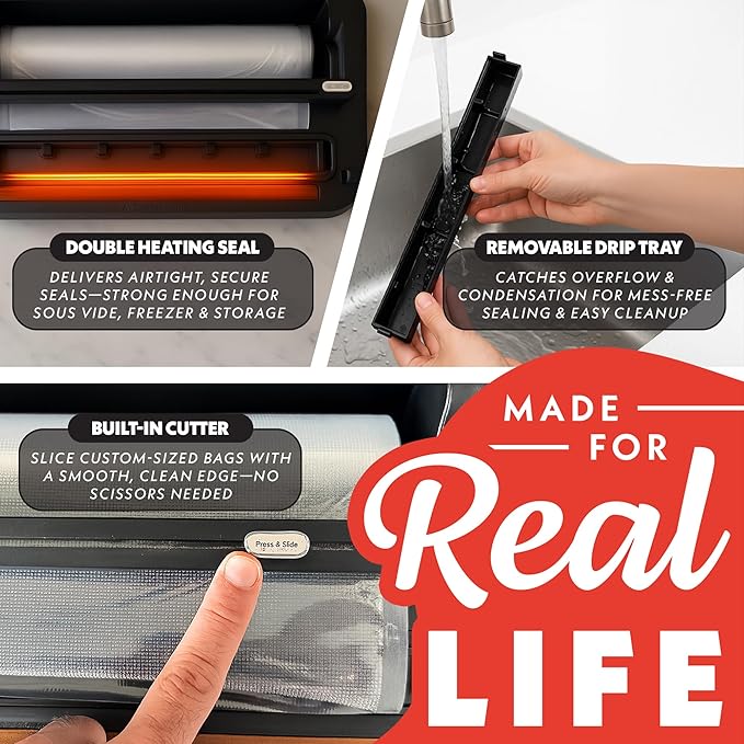 Gourmia Vacuum Sealer - 10-in-1 Food Sealer, Built-In Cutter & Roll Storage, Dry/Moist Modes, Gentle & Normal Pressure, BPA-Free Bags, Stainless Steel